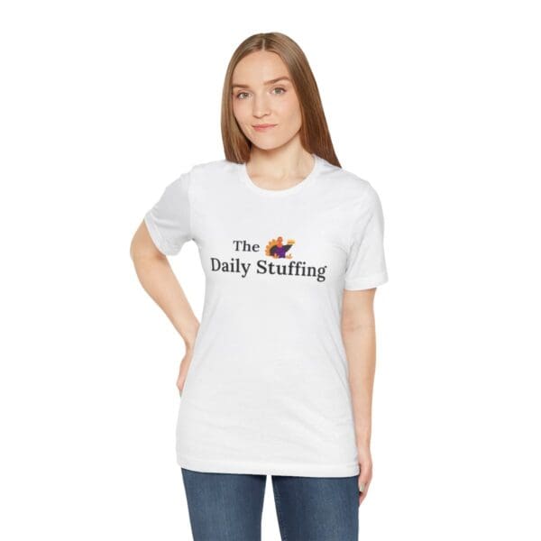 A woman wearing a white t-shirt with the words " daily reading ".