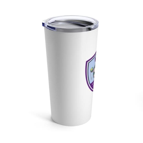 A white cup with a purple and blue logo on it.