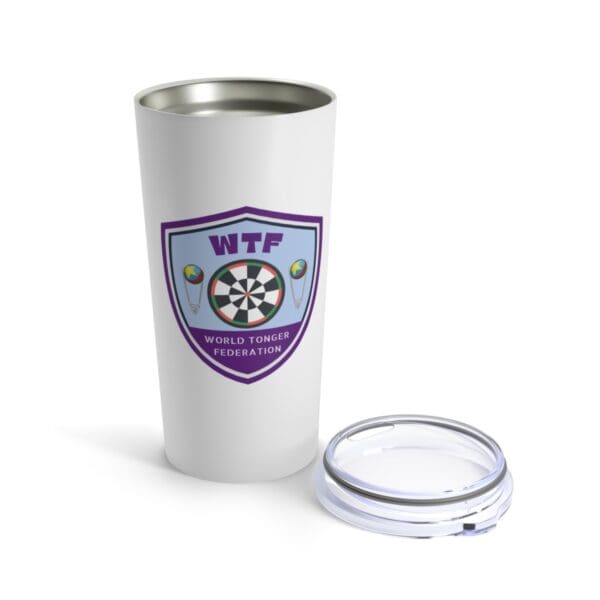 A white cup with a purple and blue logo on it.