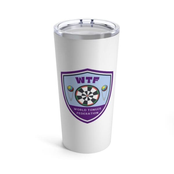 A white tumbler with a purple and blue shield on it.