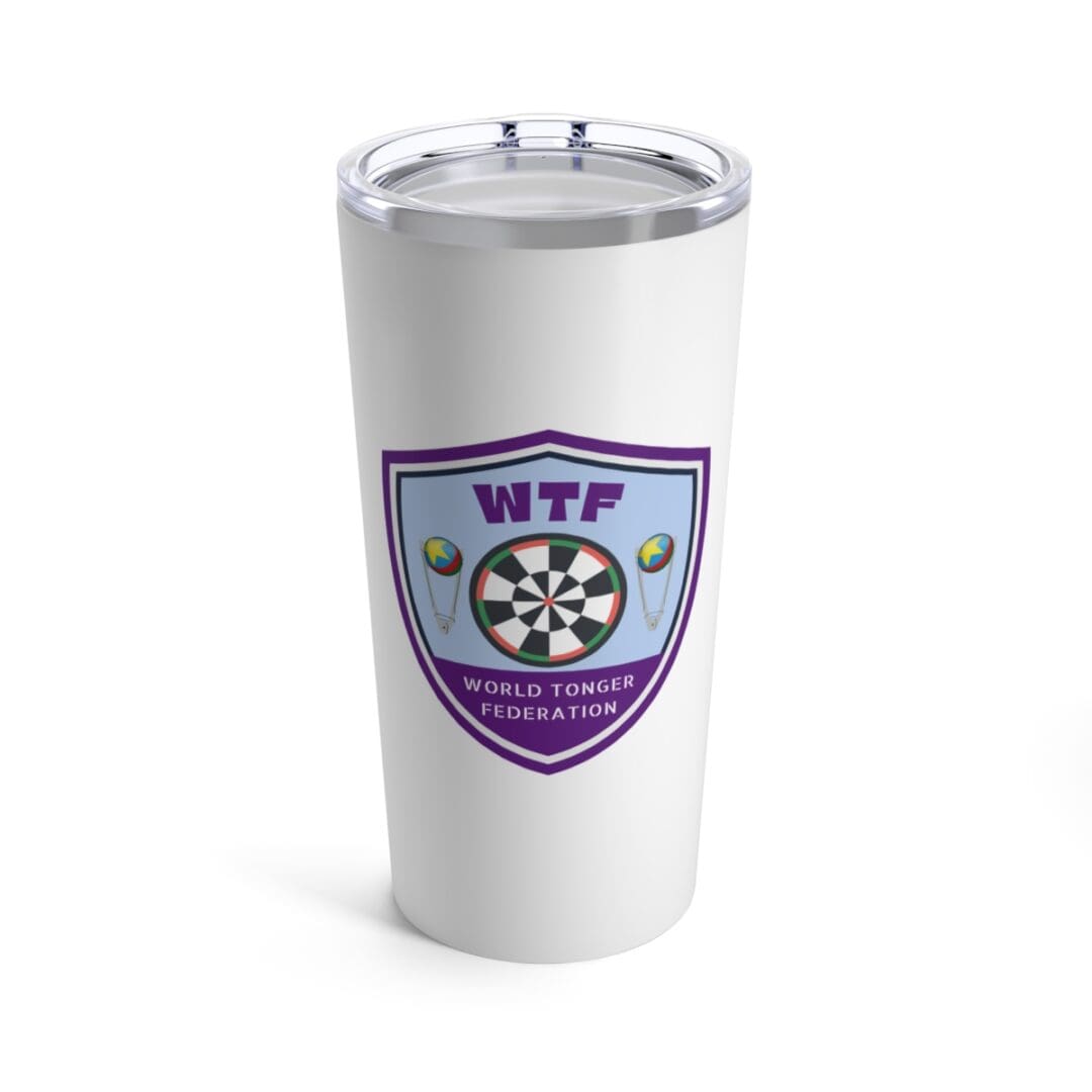 A white tumbler with a purple and blue shield on it.